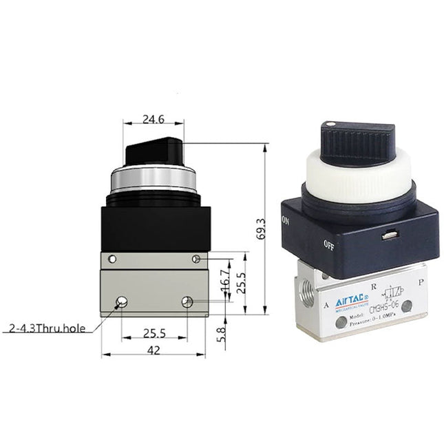 Airtac CM3HS-06: Manual Valve. 3 Way - CM3HS06BG