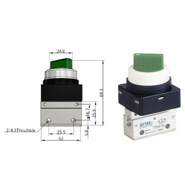 Airtac CM3HS-06: Manual Valve. 3 Way - CM3HS06G
