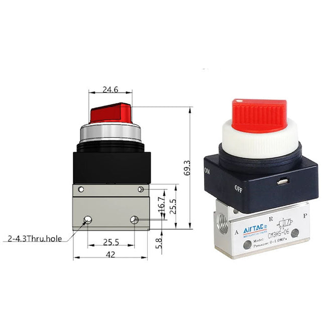 Airtac CM3HS-06: Manual Valve. 3 Way - CM3HS06R
