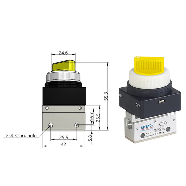 Airtac CM3HS-06: Manual Valve. 3 Way - CM3HS06YT