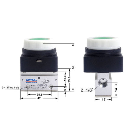 Airtac CM3PF-06: Manual Valve. 3 Way - CM3PF06G