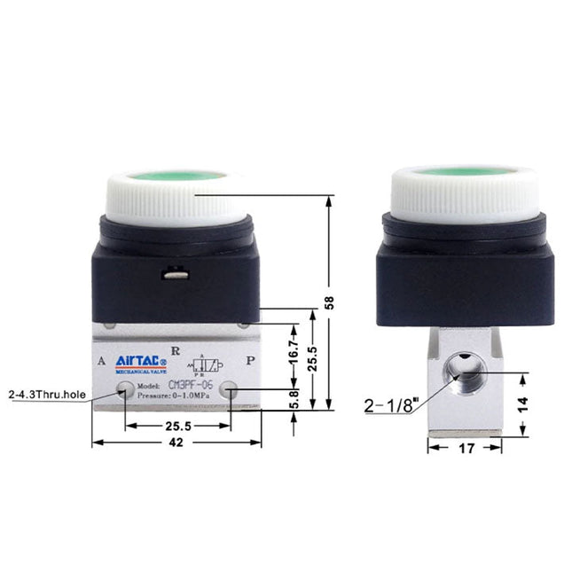 Airtac CM3PF-06: Manual Valve. 3 Way - CM3PF06G