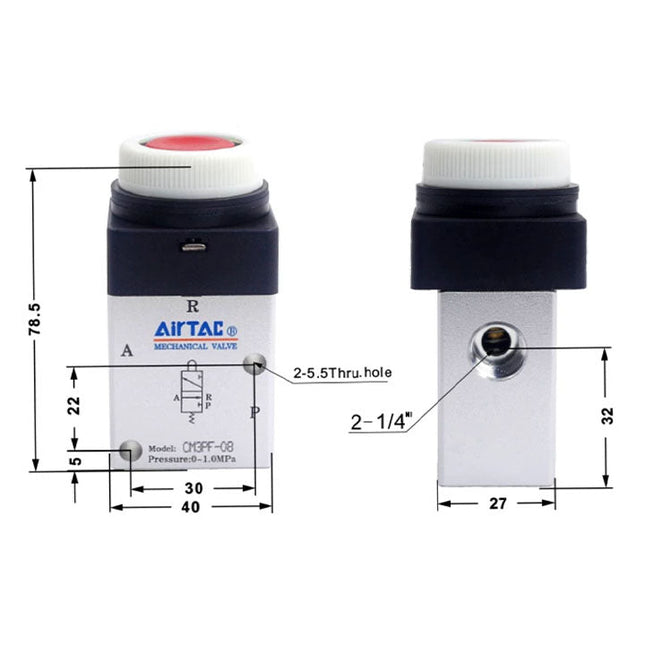 Airtac CM3PF-08: Manual Valve. 3 Way - CM3PF08RT