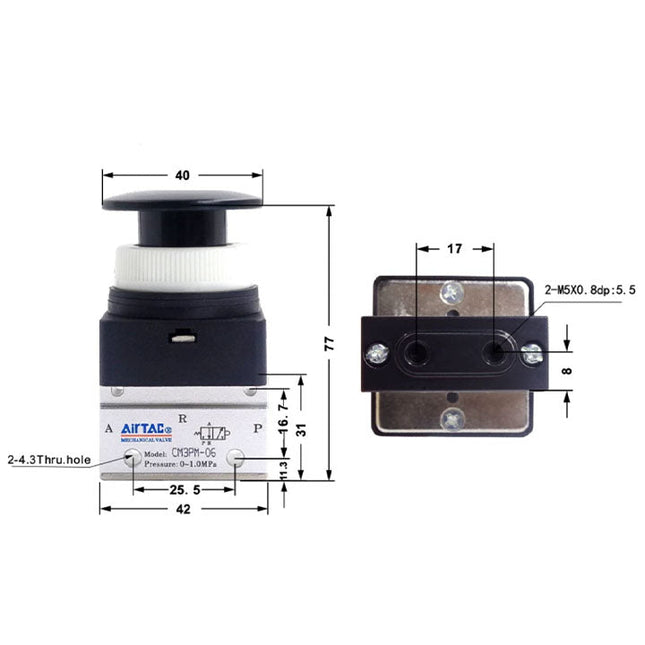 Airtac CM3PM-05: Manual Valve. 3 Way - CM3PM05B