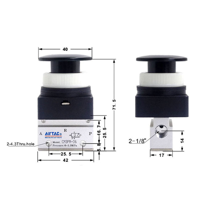 Airtac CM3PM-06: Manual Valve. 3 Way - CM3PM06BG