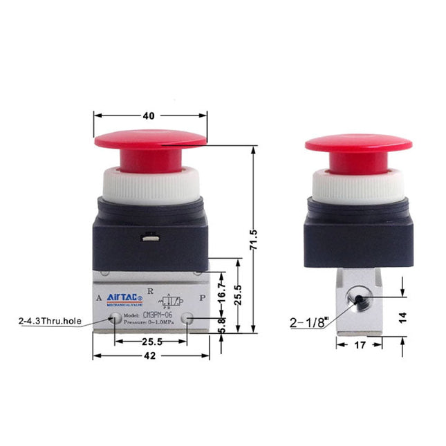 Airtac CM3PM-06: Manual Valve. 3 Way - CM3PM06R
