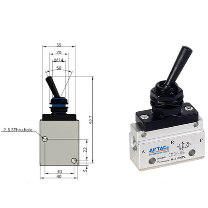 Airtac CM3Y-08: Manual Valve. 3 Way - CM3Y08T