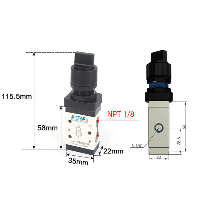 Airtac M3HS210-06: Manual Valve. 3 Way - M3HS21006BT