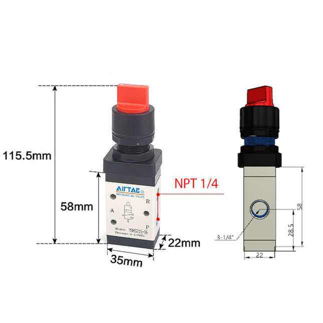 Airtac M3HS210-08: Manual Valve. 3 Way - M3HS21008RT