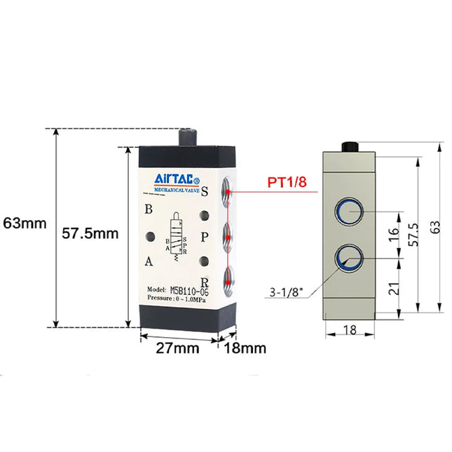 Airtac M5B110-06: Manual Valve. 5 Way - M5B11006